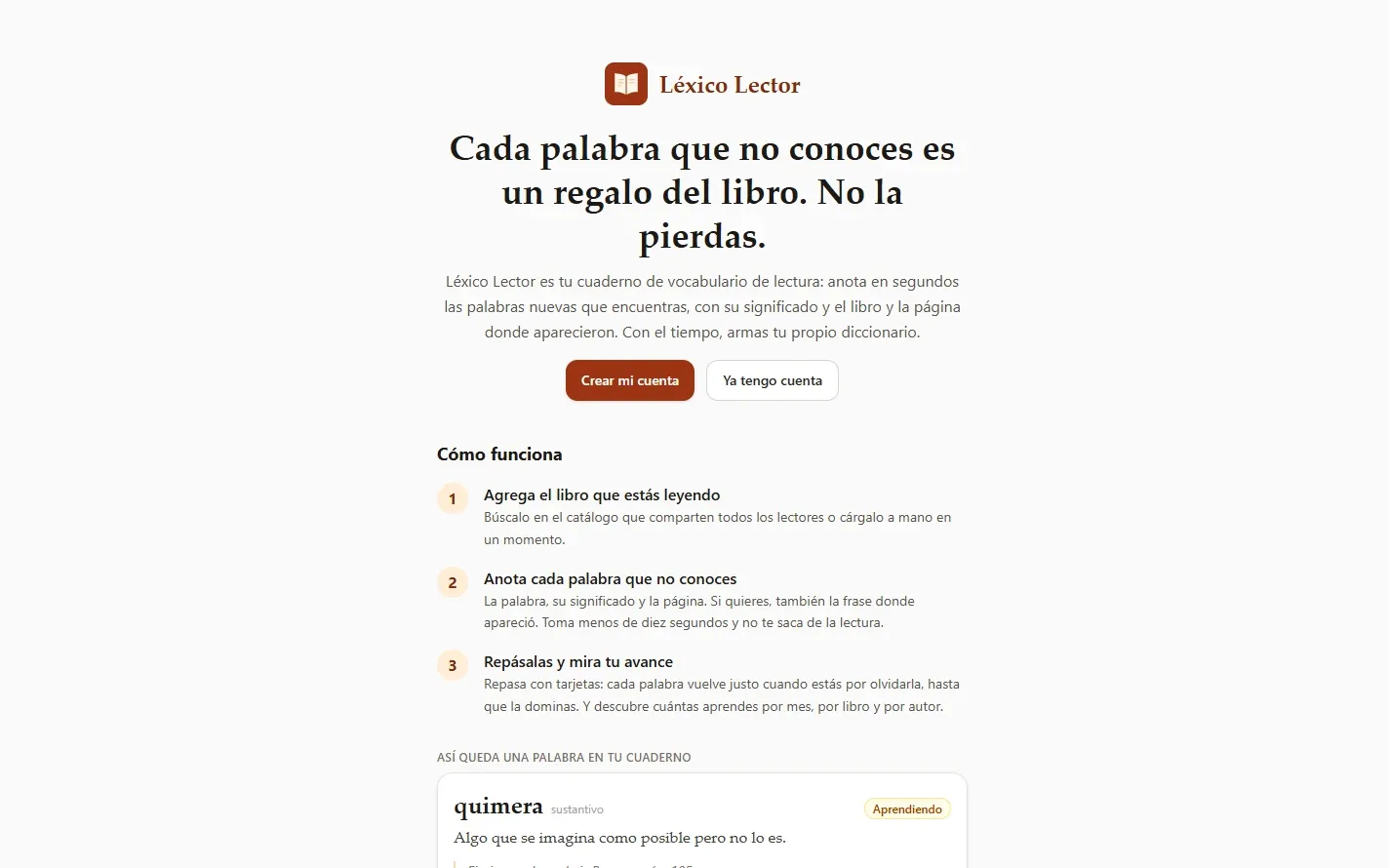 Página de inicio de Léxico Lector: titular, botones para crear una cuenta y los tres pasos de cómo funciona la app.