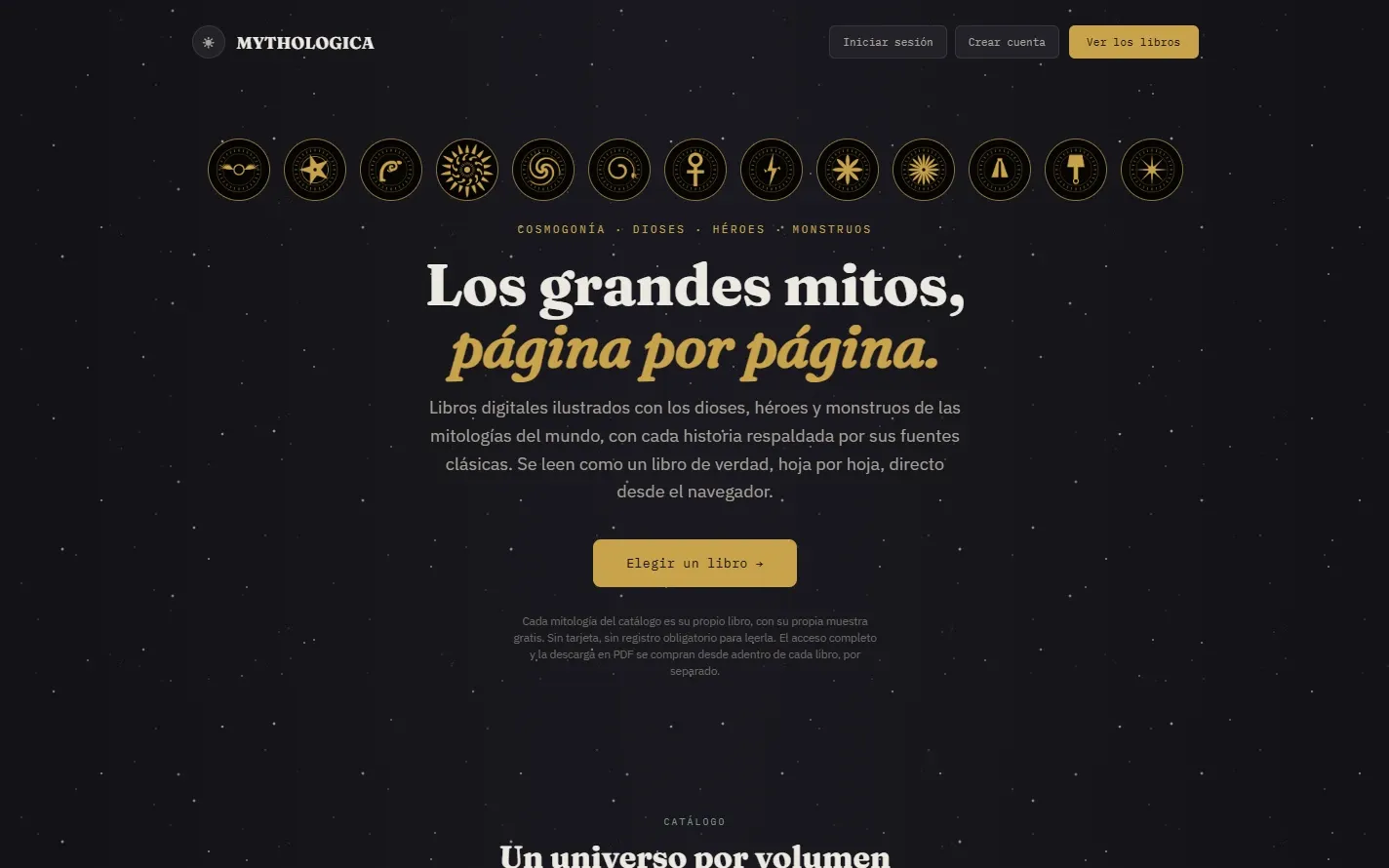 Página de inicio de Mythologica sobre fondo oscuro: trece emblemas dorados, el titular «Los grandes mitos, página por página» y el botón para elegir un libro.